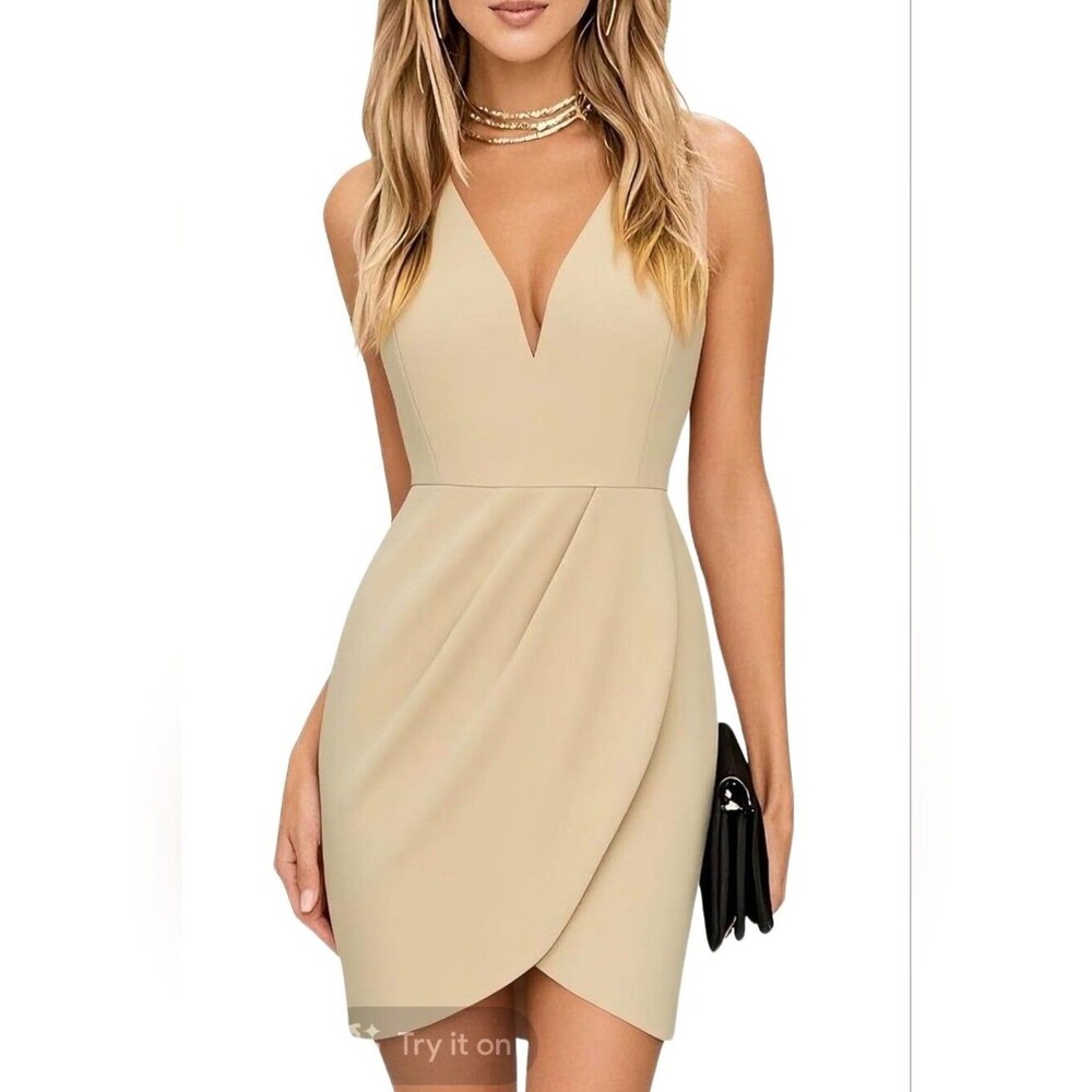 Plunge Sleeveless Wrap Dress Size M Tan 3790-CX